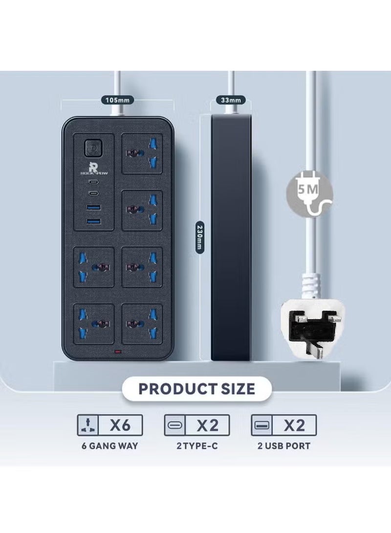 Rock Pow 5 meters Universal Extension Lead with Multiple Function UK Plug 3 Pin Socket Outlet with 6 Gang 2 USB Port 2 Type-C Port 5M Electric Socket Mains Strip for Home Kitchen and Office 5 meters - Image 2